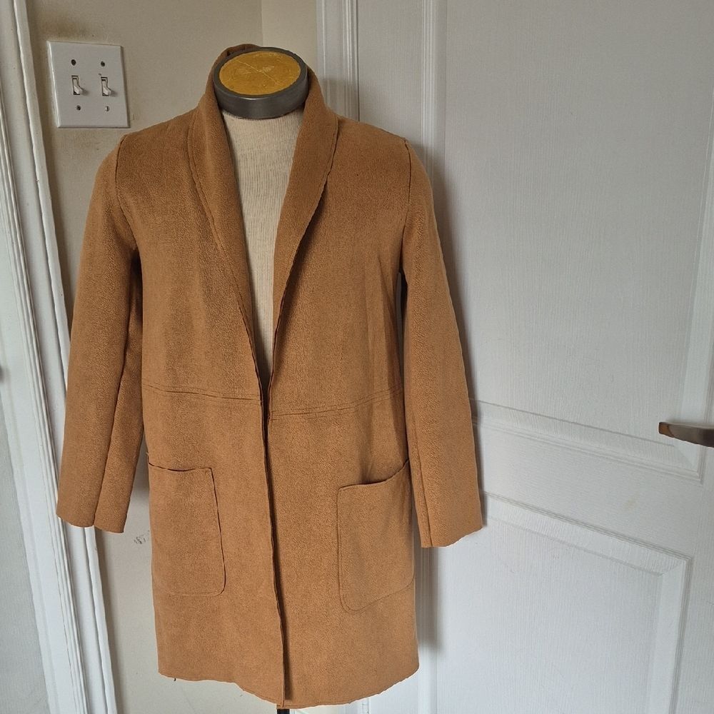Zara Tan Textured Faux Suede Open Front Coat